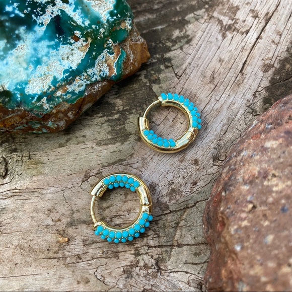 Zara Turquoise Pavé Huggy Hoop Earrings - Picture 2 of 6